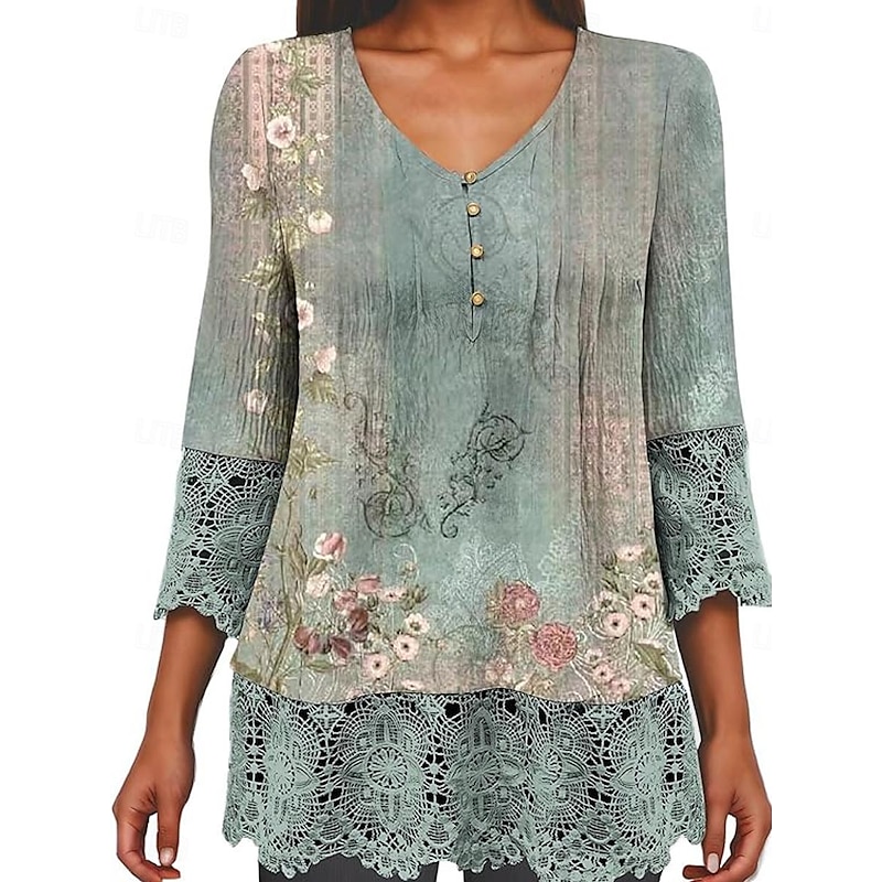 Elegant Ombre Floral Lace Button Tunic with 3/4 Sleeves for Women – Stylish Casual V Neck Summer & Spring Wear