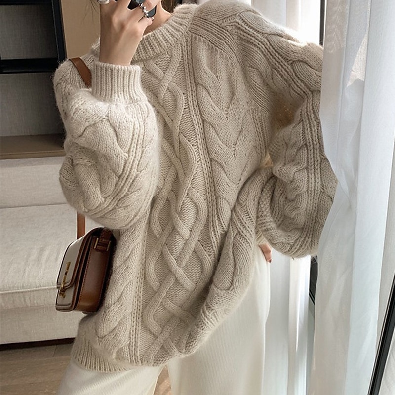 Fall & Winter Women's Knitted Pullover Sweater - Soft Cable Knit Crew Neck Jumper for Casual Outfits, Outdoor Activities & Valentine's Day in Yellow & Red
