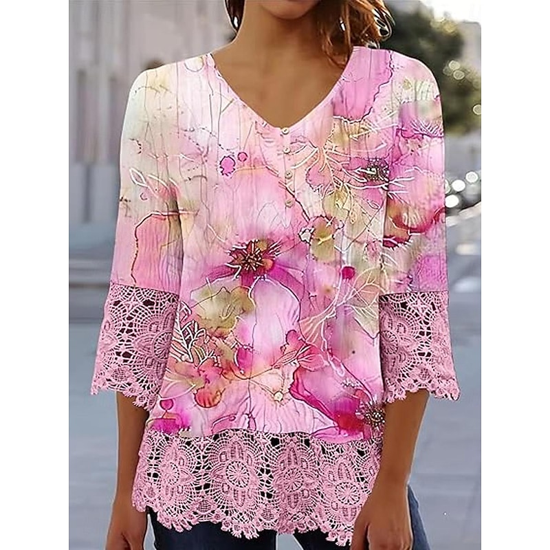 Elegant Ombre Floral Lace Button Tunic with 3/4 Sleeves for Women – Stylish Casual V Neck Summer & Spring Wear