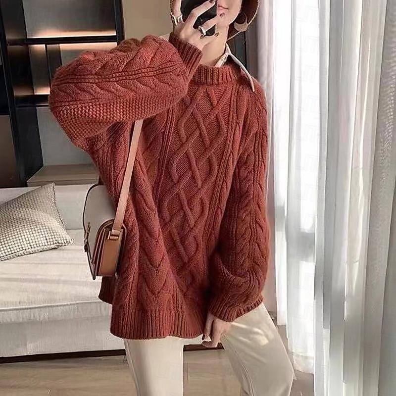 Fall & Winter Women's Knitted Pullover Sweater - Soft Cable Knit Crew Neck Jumper for Casual Outfits, Outdoor Activities & Valentine's Day in Yellow & Red