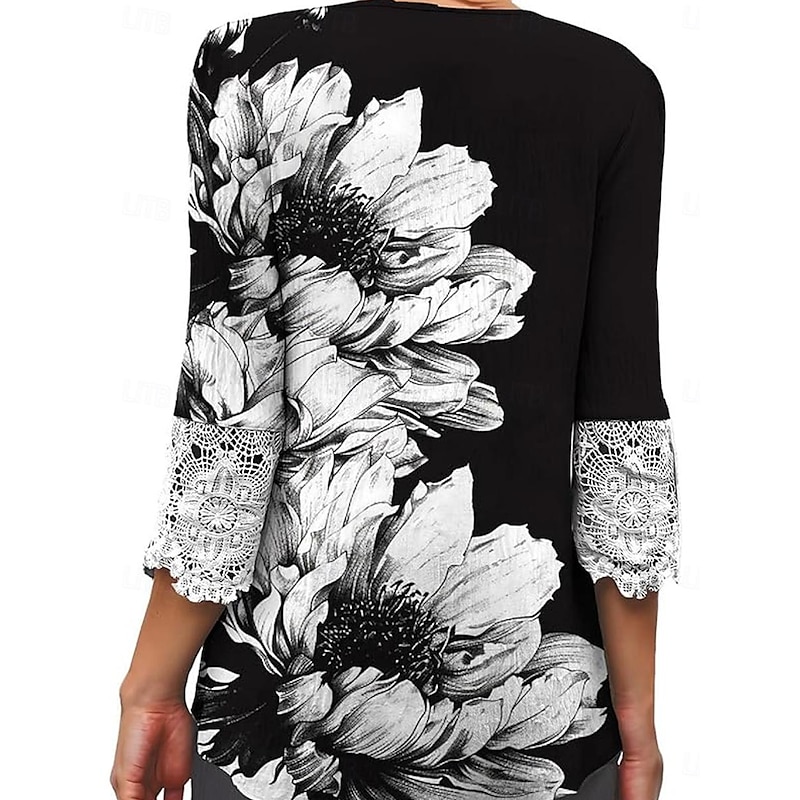 Elegant Ombre Floral Lace Button Tunic with 3/4 Sleeves for Women – Stylish Casual V Neck Summer & Spring Wear