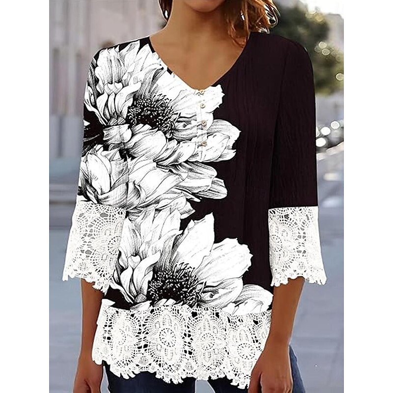 Elegant Ombre Floral Lace Button Tunic with 3/4 Sleeves for Women – Stylish Casual V Neck Summer & Spring Wear